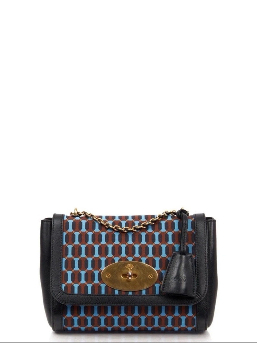 Mulberry Black Leather Shoulder Bag with Brown and Blue Geometric Print
